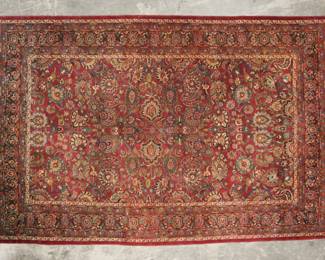 410	Persian Rug	Persian rug, red field. 9'2" x 6'1/2". Fading and discoloration throughout, losses to fringe, wear along edges.
