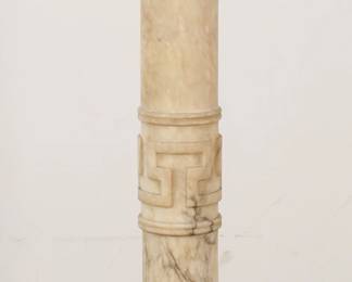 295	Greek Revival Style Marble Pedestal	"Greek Revival style marble pedestal. 20th century. White marble, octagonal base, Greek key motif. Scratches and scuffs throughout marble on top of pedestal. Chips and losses to marble on edges of top, base and bands on column. Two top pieces are removable. Central rod and washer on inside of marble is rusted and has not been separated. 

10 1/4"" W x 10"" D x 41 1/8"" H. 45 lbs."
