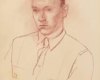 276	Nicolai Cikovsky Drawing Portrait of a Man	Nicolai Cikovsky (American, 1894-1987). Crayon on paper drawing, portrait of a man. Signed lower right N. Cikovsky. 13" x 10" (with frame 20 1/2" x 17"). Some toning and discoloration to paper, discoloration to mat, chips and losses to frame.
