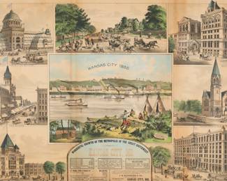 63	Kansas City 1855 Lithograph Lanward Publishing Co.	Color lithograph, Kansas City 1855, Wonderful Growth of the Metropolis of the Great Southwest Kansas City, Mo. Lanward Specialty Publishing Co., Chicago, for J.H. Bauerlein & Co., Kansas City, Mo., 1887, "from old engraving owned by Nathan Greeley, Esq., Kansas City Times". 23 1/2" x 33" (with frame 35" x 44"). Toning and discoloration throughout, 11 1/2"L horizontal scratch from center to upper left, scratch lower left, creasing visible throughout, small tears center left and right and lower center, sheet appears to be cut down into image along all four sides; chips and losses to frame.
