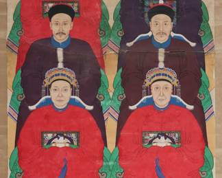 107	Chinese Ancestor Scroll Painting	Large hand painted Chinese ancestor scroll. With inscription at top. 89"L x 41"W including wooden roller. Wood missing from top of scroll. Staining, foxing, creasing and paint loss throughout, horizontal tear through middle figure on right, tears and losses along top edge.
