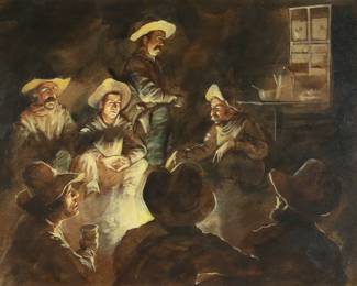 201	Ron Raymer Acrylic on Masonite Campfire Scene	Ron Raymer (American, 1943-2018). Acrylic on Masonite, cowboys around a campfire. Signed and dated Raymer 75 lower right. 15 1/4" x 19 1/4" (with frame 24 5/8" x 28 1/2").
