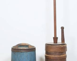 77	Primitive Wooden Butter Churn & Keg	Wooden butter churn, 45 1/4"H; painted barrel / keg with handle, 15 5/8"H. Butter churn chips and losses to banding, some portions of bands re-attached with later nails and some portions detached or missing, scratches and minor chips throughout; barrel some paint loss and minor scratches, one metal band appears to be missing, handle loose.
