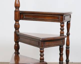 47	Regency Style Spiral Library Step Ladder	"Regency style spiral library step ladder. 20th century. Three steps with turned supports and urn finial. Chips and losses to wood on edges of all steps. Gouge to wood on top step. Chips and losses to  wood on turned posts. Nicks, scuffs and small losses to wood on base. Small loss to wood on top of finial.

22"" W x 21 7/8"" D x 41 1/2"" H. 20 lbs."
