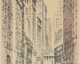 57	Nat Lowell Lithograph Financial District N.Y.	Nat Lowell (American, 1880-1956). Lithograph, Financial District N.Y. Signed, dated 1929 and titled in the plate in the lower margin and additionally signed in the plate lower left. 17" x 12" (with frame 25 5/8" x 20 5/8"). Chips and losses to frame.
