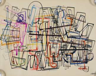 267	Paul Nabb Ink Drawing Abstract	"Paul Nabb (American, 20th century). Ink drawing, abstract. Signed and dated 54 lower right. 14 3/8"" x 20"". Unframed. Stored rolled, with minor creasing throughout. Foxing, toning and discoloration to sheet, pinholes at all four corners. 

From the estate of Maurice Binder. Born in 1918, Maurice Binder was an American film title designer, best known for his work on 14 James Bond films, including Dr. No. He died in 1991 at the age of 72."
