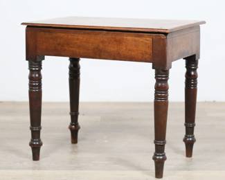 301	Federal Style Commode Stool	"19th century Federal style commode converted into stool or small bench. Turned legs. Later screws on all four corners on top. Chip and loss to wood on two corners of top. Scratches, marks, sand wear throughout top, apron, and legs. 

20 1/8"" W x 12 5/8"" D x 18 1/4"" H. 11 lbs."
