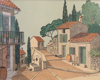 18	Denis Paul Noyer Lithograph Provence	Denis Paul Noyer (France, 1940-). Lithograph, Provence. Pencil signed and numbered 111/260 lower right. 20 5/8" x 26 3/4" (with frame 21 1/4" x 27 3/8"). Back of frame loose, scratches and losses to brass finish on frame.
