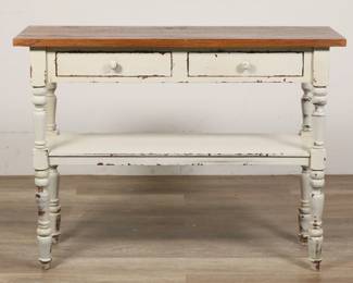 92	Rustic Farmhouse Style Entryway Table	"Rustic farmhouse style entryway table. 21st century. Faux weathered wood top, two drawers, distressed white paint. Nicks and scratches to top of table. Scratches, marks, and wear to wood on lower tier.

41 3/8"" W x 13 3/4"" D x 30 3/4"" H. 33 lbs."
