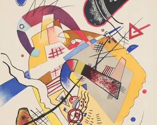 263	After Wassily Kandinsky Lithograph Bonne Humeur	After Wassily Kandinsky (Russian, 1866-1944). Abstract lithograph, Bonne Humeur, from Derriere le Miroir. Initialed and dated 23, numbered 75/300 in pencil, and with Maeght Editeur blindstamp all lower left. Unframed, sheet 15 1/8" x 11 1/8". Toning to paper, discoloration and scratches upper left and right and lower left, adhesive residue and losses to paper on verso, notations in pencil on verso.
