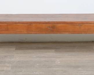 94	Primitive Rustic Farmhouse Bench	"Primitive rustic farmhouse bench. American, 19th century. Top with tapered ends on either side and arch-form legs. Scratches, scuffs, marks, and wear throughout wood. Chips and losses to wood on corner of one foot. 

80 1/8"" W x 12"" D x 19 1/4"" H. 28 lbs."
