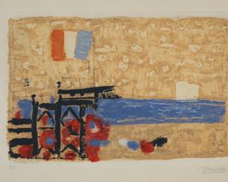 120	Marcel Fiorini Etching After Roger Bissiere	"Marcel Fiorini (France, 1922-2008), after Roger Bissiere (France, 1886-1964). Etching with aquatint, Ile de Re. Signed in the plate lower left Fiorini Sculp, pencil signed Bissiere lower right and numbered 28/75 in pencil lower left. 15 1/4"" x 20"". Unframed. Toning, staining and foxing in the margins.

From the estate of Maurice Binder. Born in 1918, Maurice Binder was an American film title designer, best known for his work on 14 James Bond films, including Dr. No. He died in 1991 at the age of 72."
