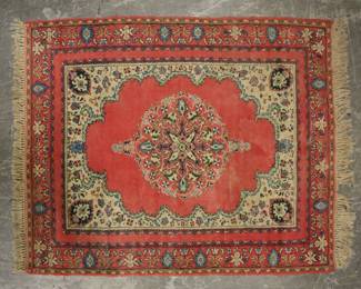 402	Persian Prayer Style Rug	Persian prayer style rug. 6'1" x 5'. Fading, wear and staining throughout, fraying to one side.
