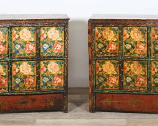 166	Near Pair of Tibetan Bamboo Framed Chests	"Near pair of Tibetan bamboo framed chests. Circa 1880s. Four doors, painted floral motifs, lifting front apron on hinges. Retail labels with information on back of chests. One chest has an additional section of molding on its left front side. Refinishing throughout entirety of both chests. Gouges, marks and scratches to wood on tops. Small paint losses to front of chests on doors and edges. Chips to wood on feet. Smoke damage throughout chests. Chip and loss to wood on front right edge. Warping to corners of tops. Repairs to wood on left side of top on one chest. Chip and indent to wood on front left edges on one chest. Split and crack to wood on folding front apron on one chest.

38 1/4"" W x 17 5/8"" D x 40 1/2"" H. 100 lbs total. Chest with additional molding measures 38 3/4"" W."
