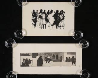 269	Jack Bilander Etching & Max Gunther Lithograph	"2 piece art lot. Jack Bilander etching, In the Park, pencil signed, dated 59, titled and numbered 1/35 in the lower margin, sheet 19 7/8"" x 8 7/8""; Max Gunther lithograph, figures, signed lower right, 9 3/4"" x 14 7/8"". Both unframed and stored rolled. Bilander creases at corners, some discoloration to sheet and ink fingerprints visible in the margins; Gunther creases throughout.

From the estate of Maurice Binder. Born in 1918, Maurice Binder was an American film title designer, best known for his work on 14 James Bond films, including Dr. No. He died in 1991 at the age of 72."
