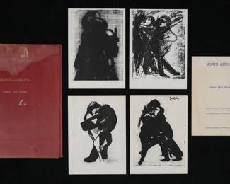 264	Boris Lurie 4 Dance Hall Series Lithographs	Boris Lurie (Russian / American, 1924-2008). 4 lithographs from Boris Lurie's Dance Hall Series portfolio. Martin Levitt, Mandrill Press, D'Arcy Galleries, New York City, 1961. Each lithograph signed in the plate, signed, dated 61 and numbered 29/110 in pencil in the lower margin and with "print pulled by Martin Levitt New York 1961" blindstamp lower right. Portfolio text page numbered 29/110 in pencil. Each sheet 15" x 10 3/4" (with mounts 20 1/2" x 14 1/2"), folio 21 1/4" x 14 1/2". Partial portfolio. Folio with staining, losses to covers, scratches, tears and creasing at corners and along edges; title page and 3 lithographs detached from mounts, mounts all with staining, toning and discoloration, toning to title page.
