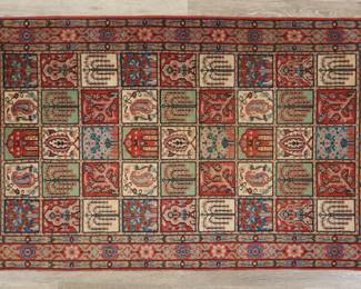 336	Persian Bakhtiari Style Rug	"Persian Bakhtiari style rug. Repeating tree and floral motifs surrounded by red and blue borders. Wear throughout rug. Small losses to fringe. 

3' 1"" x 5' 3 1/4"". 12 lbs."
