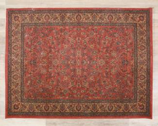 344	Persian Isfahan Style Rug by Couristan	"Persian Isfahan style rug by Couristan. Power loomed in Bulgaria, 2009. Floral motifs against red field. Couristan Everest labels on underside on one corner. Warping, creases and wear throughout rug. 

3' 11 3/4"" x  5' 3 1/2"". 12 lbs."
