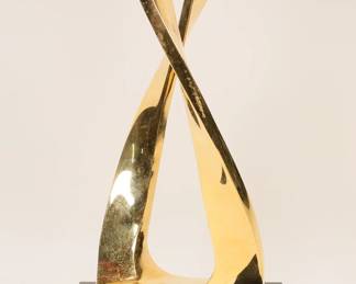 330	Leo Maranz Brass Sculpture Abstract	Leo Maranz (American, 1900-1988). Brass plated metal sculpture, abstract. On a black acrylic base. Sculpture signed and numbered Maranz 4/4 along the base. 14 1/2"H. Minor scratches and pitting to the brass patina.

