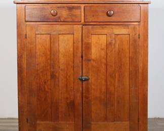 101	American Rustic Farmhouse Jelly Cupboard	"American rustic farmhouse jelly cupboard. 19th century. Two drawers, two doors concealing two fixed shelves, and splashback. Scratches and marks to wood throughout top and splashback. Split and crack to wood on bottom on right side of cupboard. Chips and gouges to wood on left side above front left foot. Marks, scuffs and wear throughout wood. Split, crack, and repair to wood on back right foot and right side of cupboard.

43 1/4"" W x 18 1/2"" D x 51"" H. 97 lbs."
