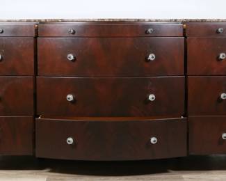 284	Restoration Hardware Style Marble Top Dresser	"Restoration Hardware style marble top dresser or sideboard. 21st century. 12 drawers with crystal knobs and burled mahogany. Scuffs, scratches and wear to wood on fronts of drawers. Gouges and scratches to wood on bottom front molding of sideboard. Small nicks and chips to wood on edges of sideboard. 

84"" W x 24 1/2"" D x 42 1/4"" H. 425 lbs."
