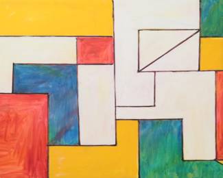 128	Signed Newman Mondrian Style Oil on Canvas	Geometric abstract in the style of Piet Mondrian. Signed lower right Newman and signed on verso D. Newman. 24" x 36". Scratch upper right.
