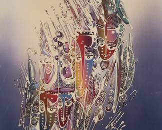 277	Fabric Batik Abstract Masks	Batik on fabric, masks. Unsigned. 52" x 31 5/8" (with frame 53" x 36 3/4"). Some staining to fabric.
