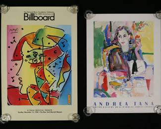 275	2 Posters Peter Max & Andrea Tana	"2 offset lithograph posters. Peter Max, Billboard 100th Anniversary, 1994, after Max's Musical Lady, 36"" x 24""; Andrea Tana exhibition poster, Thumb Gallery, signed, dated 87 and inscribed ""for Maurice"" in ink lower right, 31 1/2"" x 23 5/8"". Both unframed and stored rolled. Peter Max creases throughout, losses to text at top; Andrea Tana tear from right edge into margin.

From the estate of Maurice Binder. Born in 1918, Maurice Binder was an American film title designer, best known for his work on 14 James Bond films, including Dr. No. He died in 1991 at the age of 72."
