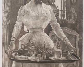 65	James Jacques Tissot Mezzotint Le Matin	James Jacques Joseph Tissot (France, 1836-1902). Mezzotint etching, Le Matin. Titled, signed and dated 1886 in the plate, with artist's monogram ink stamped in red lower right. 20" x 11" (with frame 30" x 21"). Crease lower left corner.
