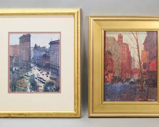 19	2 Street Scene Prints Halpert & Maryles	2 street scene prints. Flatiron building print, after Samuel Halpert, 10 1/4" x 9" (with frame 19 1/2" x 16 1/2"); Simie Maryles, street scene giclee, signed and numbered 26/195 in silver ink, 12 1/2" x 9 1/2" (18" x 15").
