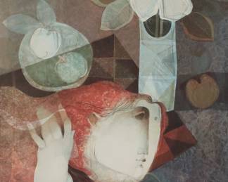 117	Alvar Sunol Artist's Proof Lithograph Woman	Alvar Sunol Munoz-Ramos (Spain, 1935-). Lithograph, woman with fruit and flowers. Signed Alvar in pastel lower right and numbered E.A. 12/25 in pastel lower left. 28 1/2" x 20 3/4" (with frame 37 1/4" x 29 3/4").
