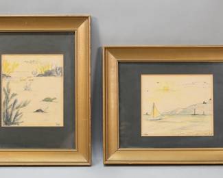 273	2 Janie Dowdell Pen & Ink Drawings	2 pen and ink drawings, sailboat in coastal landscape, 6" x 7" (with frame 11 1/2" x 14 1/2"); underwater scene, 7" x 6" (with frame 14 1/2" x 11 1/2"). Each signed Janie Dowdell and dated 5-22-64 in ink. Both with toning to paper and chips and losses to frames.
