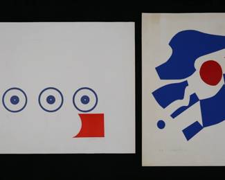 266	2 Modern Abstract Serigraphs	2 modern abstract prints, in red and blue. Naoco Kumasaka artist's proof serigraph, '73 Composition 2, signed with red seal and pencil signed lower right, and titled and numbered AP in pencil lower left, unframed, sheet 24 7/8" x 20 1/2"; Omar Rayo style embossed serigraph, pencil signed illegibly and dated 71 lower right and numbered 26/30 in pencil, lower left, unframed, sheet 21 1/4" x 28 7/8". Kumasaka with toning and discoloration to margins and into image, both with minor creasing at corners, geometric print crease to upper right corner.
