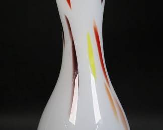 130	Murano Style Art Glass Vase	"Murano style white art glass vase with polychromatic streaks and ruffle rim. Unsigned. Light wear, blemishes, and air bubbles to surface. 

15 5/8"" H"
