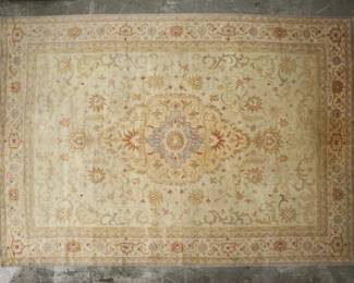 397	Parsa Turkish Weave Room Size Rug	Turkish weave silk and wool room size rug. 14'3/4" x 9'11". Fading throughout, wear and losses to pile of rug throughout, staining.
