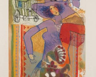 113	Theo Tobiasse Aquatint Une Odeur de Pomme Premiere	Theo Tobiasse (Israel / France, 1927-2012). Aquatint, Une Odeur de Pomme Premiere. Pencil signed lower right and numbered X/XXX in pencil lower left. 50 3/4" x 35 1/4" (with frame 61" x 45 1/2"). Waviness to paper, some discoloration along edges, minor discoloration to linen mount.
