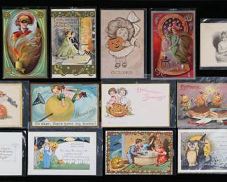 82	14 Vintage Halloween Postcards Including Tuck	Lot of Halloween ephemera. 14 postcards, including M.L. Jackson "Hallowe'en Don'ts", L&E Series 2272 HBG "Hallow-e'en nuts", 2 Whitney Made "Hallowe'en Greetings" and , Gibson Art Co. "Hallowe'en Greetings", 2 Raphael Tuck & Sons Hallowe'en post cards series No. 150 and 181, AH Co. "October", AMP Co. "Hallowe'en Greetings", M.W. Taggart series 803 "The Joys of Hallowe'en", "To wish you good times and good luck", "If you'd happiness seek on Hallowe'en night", Halloween series no. 3 witch, Fairman Co. The Pink of Perfection "Halloween Greetings". Most with writing, stamps and postmarks, circa early 1900s. All with minor creasing and losses to edges and corners. Halloween Don'ts 5 3/8" x 3 1/2".
