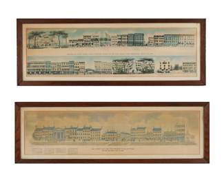 62	2 Valentine's Manual NYC Lithographs	2 lithographs of New York City, from Valentine's Manual. After David Thomas Valentine (American, 1801-1869). Broadway, Both Sides, From Battery Place to Tin Pot Alley, (Now Exchange Alley,) in 1848, after an image from Valentine's Manual, "From the excessively rare lithographs by Jones & Newman, 1848" printed center right, 9" x 31 1/4" (with frame 12 1/2" x 34 3/4"); Wall Street, South Side, From Broadway to William Street Before the Great Fire of 1835, "painted for Valentine's Manual of Old New York, No. 4 1920", 7 3/4" x 32" (with frame 11 3/8" x 35 3/8"). Both with toning, foxing and discoloration to sheets and mats, printed copyright text to right of titles scratched and illegible on both, minor chips and losses to frames.
