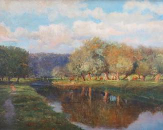 197	Robert Ward van Boskerck Oil on Canvas Landscape	"Robert Ward van Boskerck (American, 1855-1932). Oil on canvas, autumn river landscape. Signed lower left R.W. Van Boskerck. 17 5/8"" x 29 3/4"" (with frame 29 1/2"" x 41 1/4""). Relined; crazing; inpainting to sky, lower left, to trees at right, along right edge, and at center; some paint loss along edges; chips and losses to gilt frame. 
"
