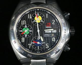 251	Universal Geneve Senna 41 Chronograph Watch	Universal Geneve Ayrton Senna No. 41 automatic chronograph. Stainless steel. 38mm. With original case, box and papers. Running, timekeeping untested. Minor scratches to caseback and losses to color on lettering on bezel. Tears to box.
