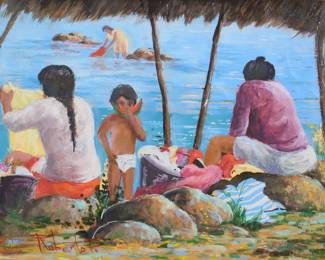 280	Signed Roberto B. Oil Family at River Bank	Oil painting, family at river bank. Signed lower left Roberto B. 9 1/2" x 12 1/4" (with frame 16 1/4" x 18 3/4").
