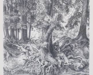 67	Charles Banks Wilson Lithograph Hiding Place	Charles Banks Wilson (American, 1918-2013). Lithograph, Hiding Place. Pencil signed, dated 82 and titled in the lower margin, signed in the plate lower left. 14 1/2" x 11 3/4" (with frame 21 1/2" x 18 1/2").
