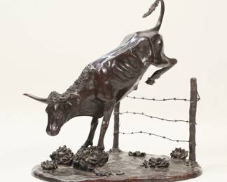 326	L.E. Gus Shafer Bronze Up & Over	"Leonard E. Gus Shafer (American, 1907-1985). Bronze bull jumping a fence, Up and Over. Titled and signed Shafer with artist's device and dated 1967 on base. 11""H. Scratches to bull's back.
"
