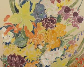 15	Signed Monoprint Still Life With Flowers	Monoprint, still life with flowers. Signed illegibly and labeled monoprint in pencil lower right and lower left, and signed, dated '85, titled Midsummer and labeled monoprint in pencil on the mount. sheet 30 1/4" x 18 3/4" (with frame 37 1/4" x 24 1/4"). Waviness to paper, plexiglass loose in frame, waviness to mat.
