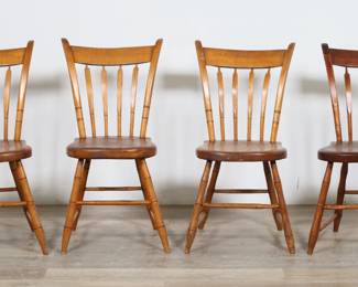 100	Four Primitive Farmhouse Dining Chairs	"Four primitive farmhouse dining chairs. 19th century. Bentwood splats and turned legs and stretchers. Heavy scratches, marks, scuffs and wear throughout seats of all chairs, split to wood at top on one side.
18"" W x 18 1/2"" D x 33 3/4"" H. Seat height 17"" H. 36 lbs total."
