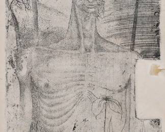 196	Ernst Fuchs Etching Eremit 1949	Ernst Fuchs (Austrian, 1930-2015). Etching, Eremit. Pencil signed, inscribed, dated 1949 and numbered 30/30 in the lower margin. Plate 11 3/4" x 5 1/2", sight size 13 1/8" x 6" (with frame 25" x 19 3/4"). Toning to sheet, tear and repair center right, sheet loose in frame, minor losses to frame.
