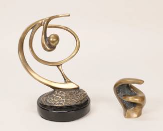 328	2 Bob Bennett Bronze Sculptures	Bob Bennett (American, California, 1928-2003). 2 abstract bronze sculptures. Perfect swing, signed, numbered illegibly and dated 1994, 6 1/2"H including base; Maestro, signed and numbered 503, 3"H.

