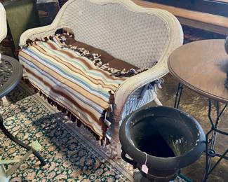 Wicker Sette Set, Matching Vintage Sofa and Chair and a large black urn (not metal)