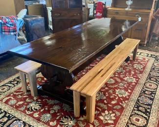 c.1976, Dated, Signed, and by Made by "Woods and Things" in Chattanooga, TN, for the Lockemann Family on Signal Mtn, on 12/25/76, Solid Wooden 8' Farm Table with Two 8' Amish Made Benches. AMAZING Piece! 