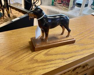 6" Hand Carved Rottweiler Dog on Wooden Base 